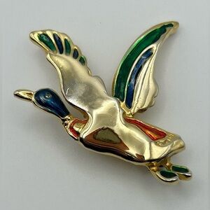 Gold Tone Mallard Duck Brooch Pin with Green, Blue, and Red Enamel